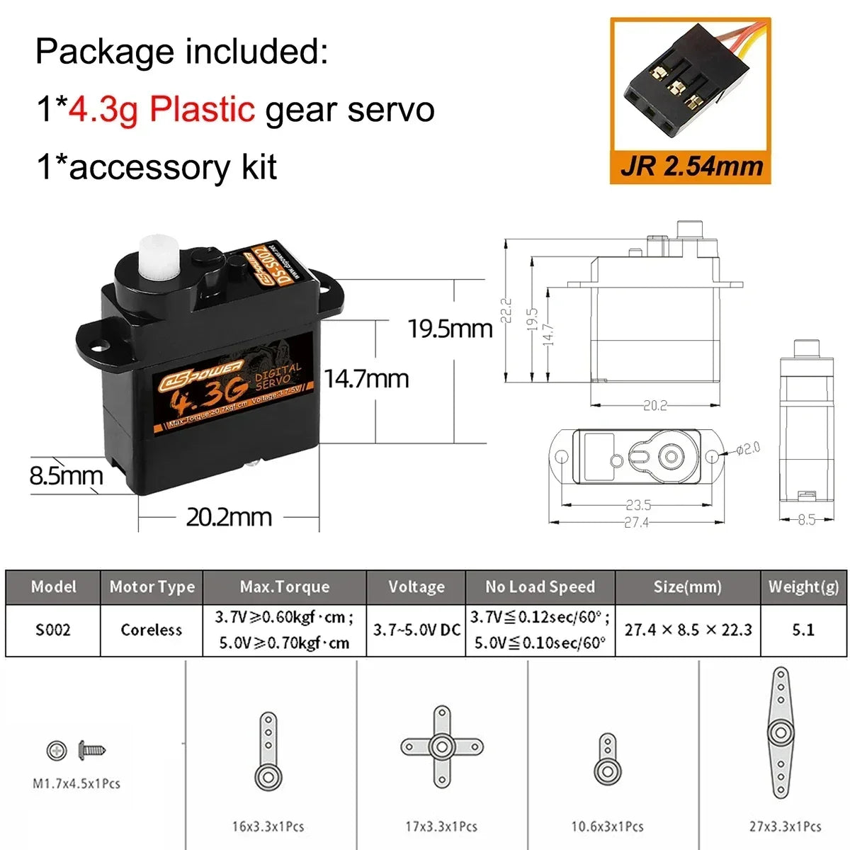 DSPOWER Micro Servo &ndash; Precision Performance for RC Vehicles 4.3G S002 JR2.54