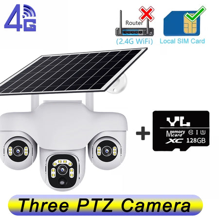 V380 Pro 4G Solar Camera 15MP Triple Lens Triple PTZ Camera Two-Way Audio Outdoor Built-in Battery Security CCTV HD IP Camera 4G Cam Add 128G Card