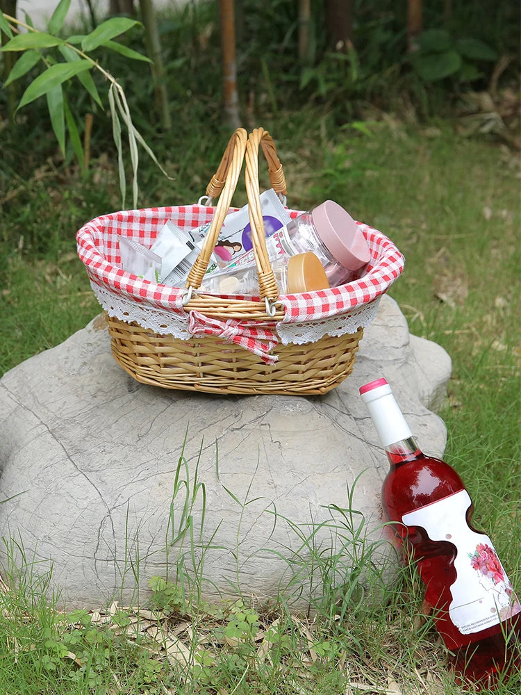 Woven Rattan Picnic Basket &ndash; Folding Handle Portable