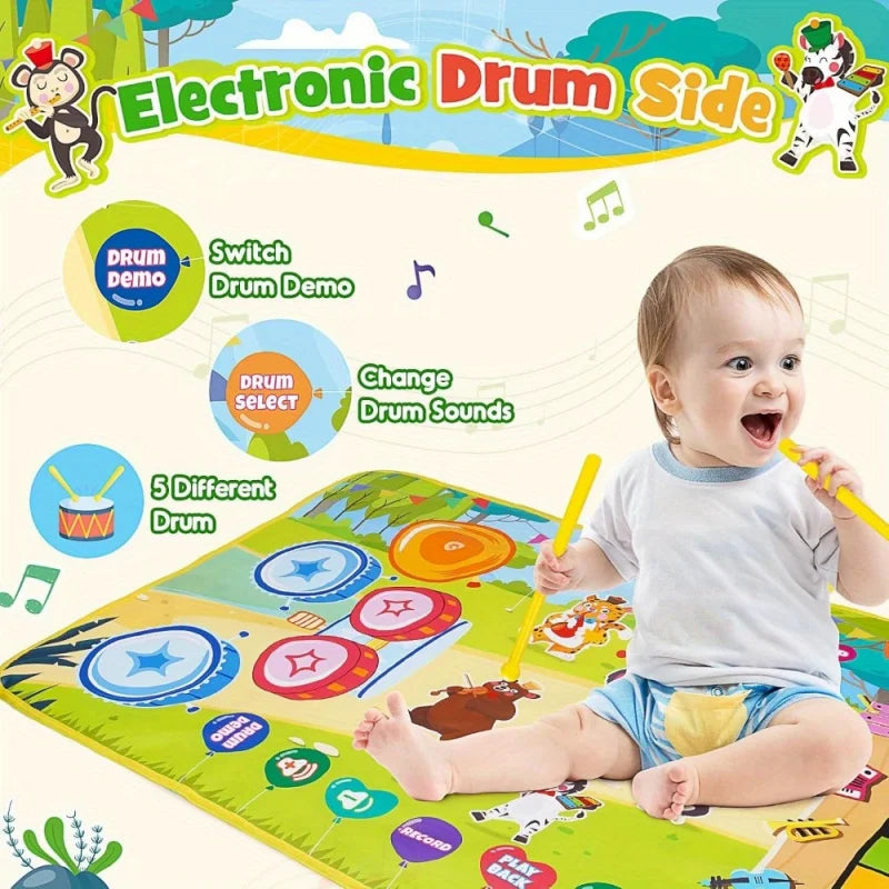 Baby Musical Play Mat, 3 in 1 Floor Piano Drum, Educational Toy for Babies, Animal Touch Blanket, Plastic