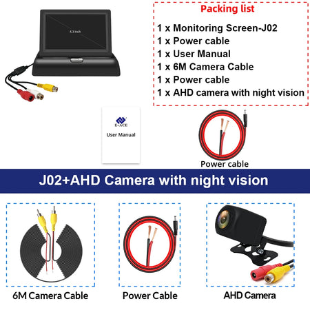 E-ACE 4.3 Inch Car Rear View Monitor - Folding Easy Install J02-AHD Camera