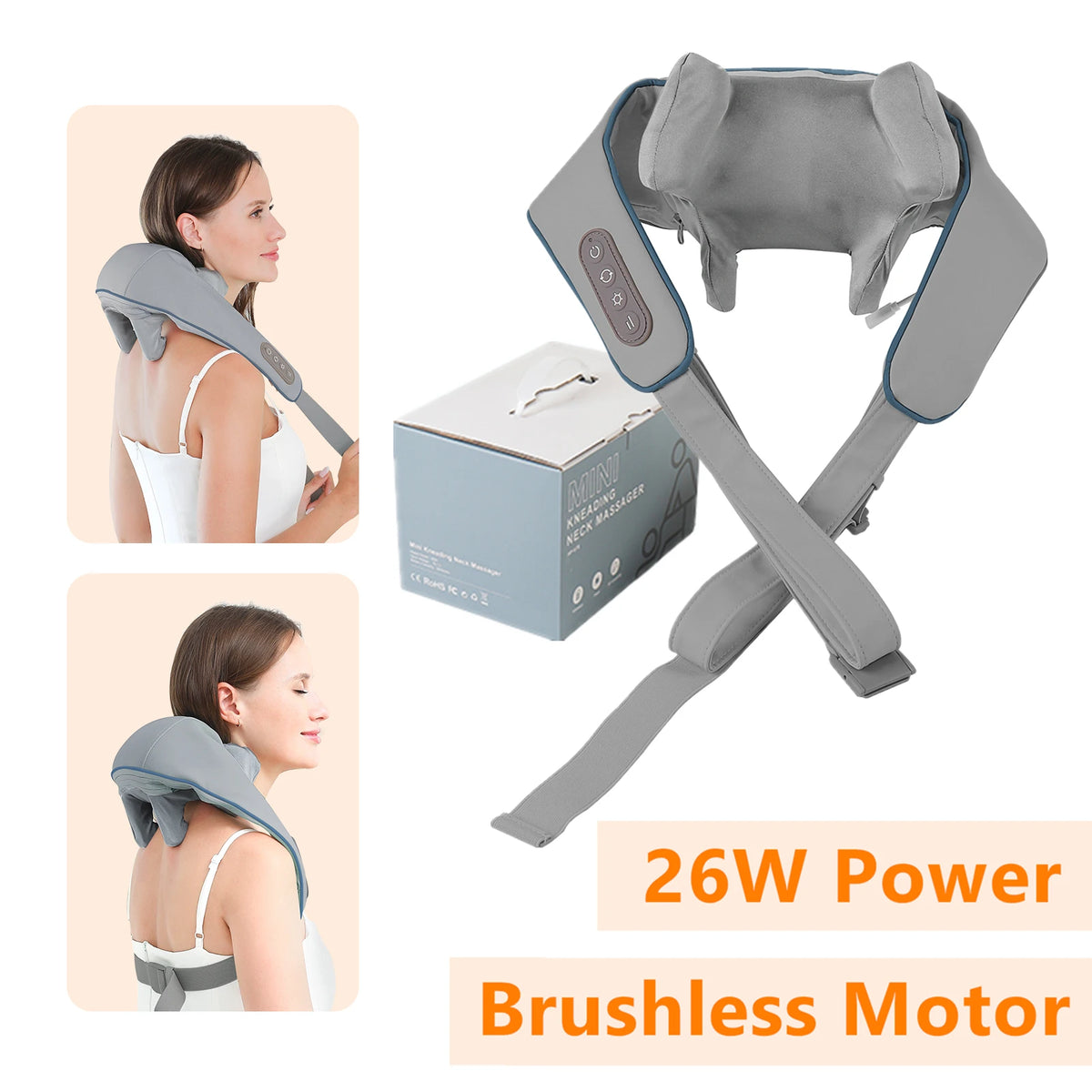 Foreverlily 26W Brushless Motor Neck And Shoulder Massager &ndash; Wireless Kneading Relaxation 26W-Grey