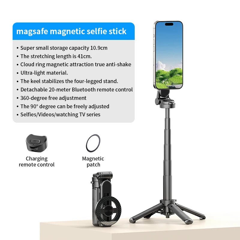 CrownQu T20 Selfie Stick &ndash; Foldable Design With Bluetooth Remote Black Magnetic