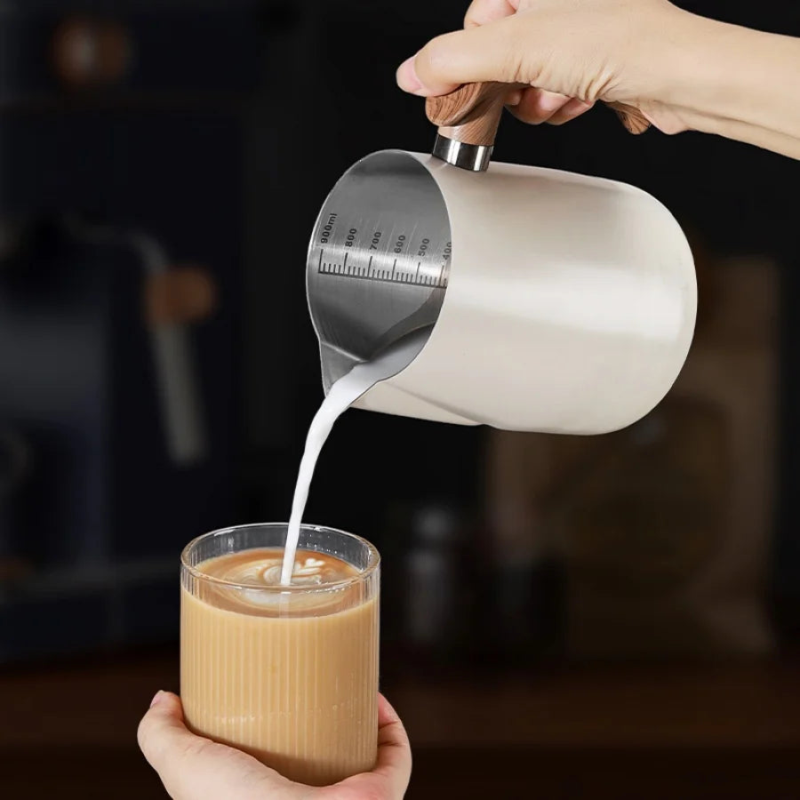304 Stainless Steel Coffee Milk Frothing Pitcher &ndash; Precise Scale with Wooden Handle