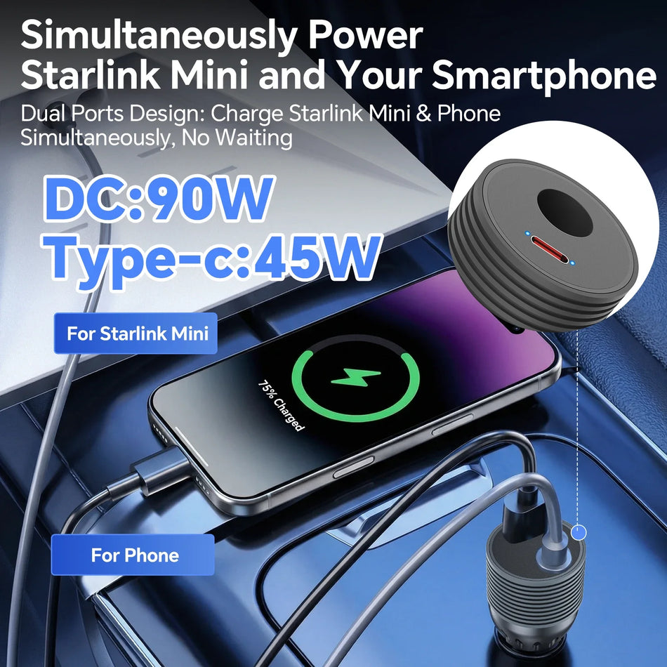 Starlink Mini spanningsverhogende converteradapter 12V naar 30V, waterdichte USB-C-autolader