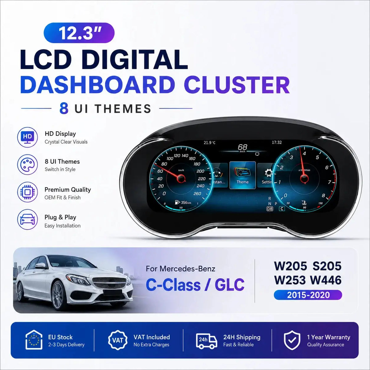 12.3 "LCD Digital Dashboard Cluster Wireless CarPlay Android Auto For Mercedes Benz C/GLC W205 S205 W253 2015-2020 With HDMI BT by InterCyprus Trading Ltd