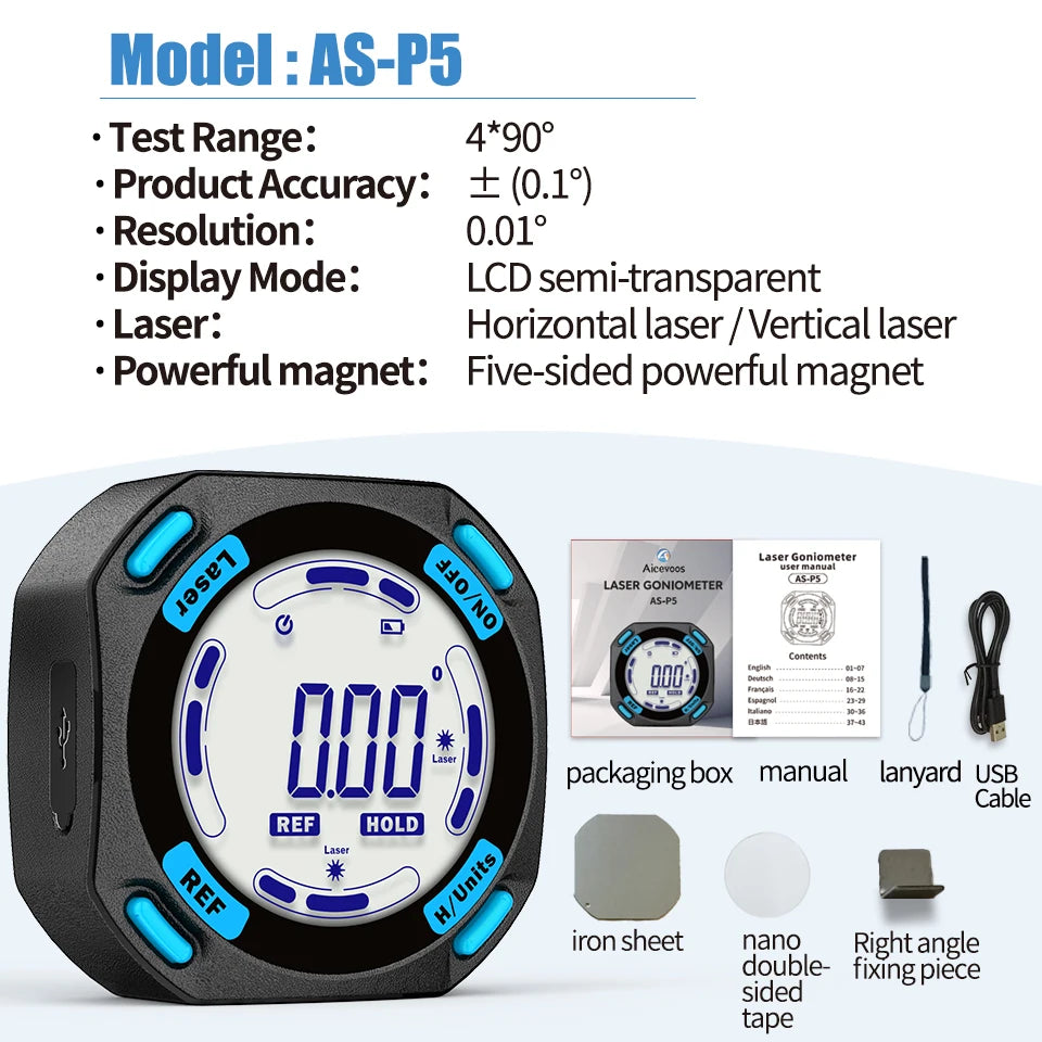 Aicevoos High Precision Digital Angle Gauge with Magnetic Sides AS-P5(Five magnets)