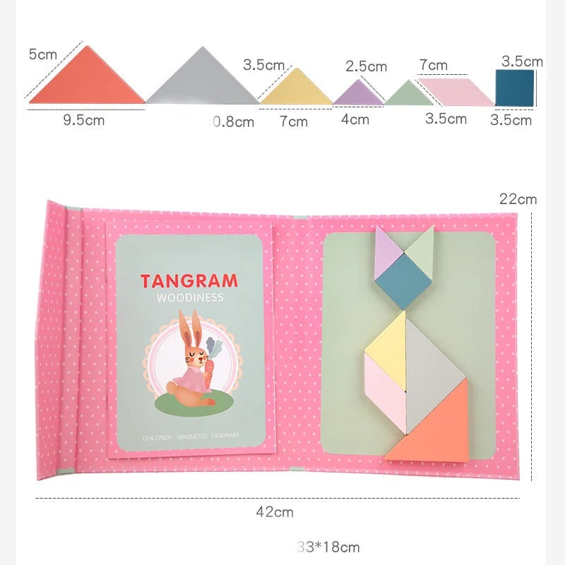 Wooden Jigsaw Magnetic Tangram Puzzle Book - Portable Toy