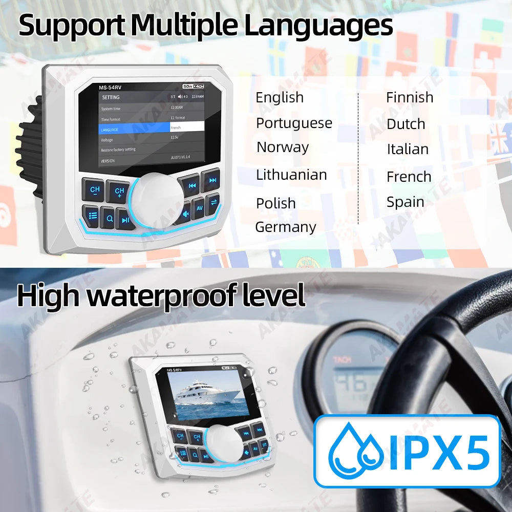 AKAMATE Boat Stereo MP5 Radio &ndash; Waterproof IPX5 Bluetooth