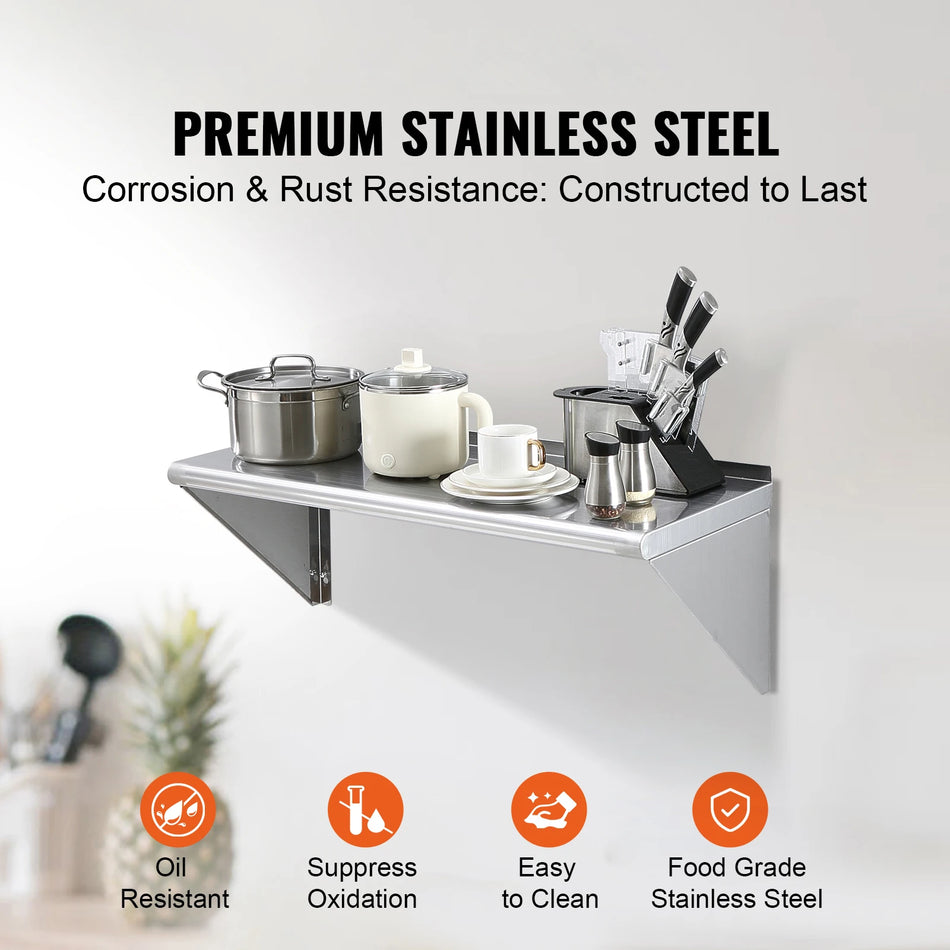 Nástěnná police z nerezové oceli s plovoucím designem, těžká konstrukce