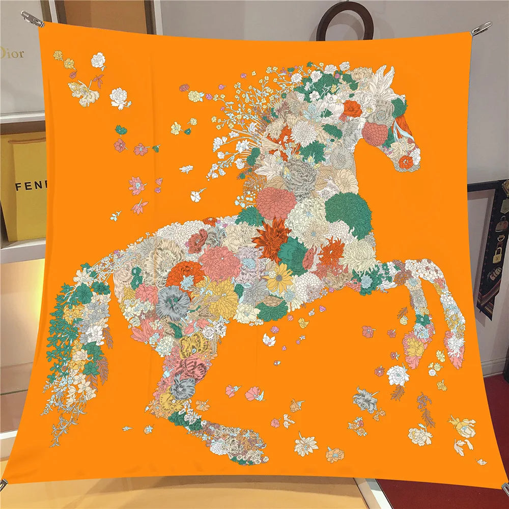 Pobing 90cm Twill Silk Scarf &ndash; Elegant Checkered Horse Print