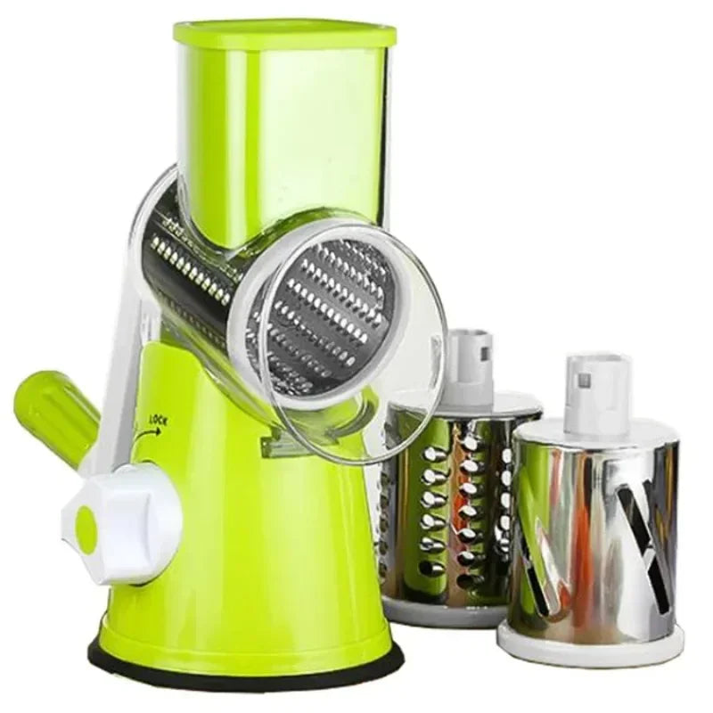 Manual Vegetable Cutter &amp; Slicer - Multifunctional Cheese &amp; Garlic Shredder with 3 Sharp Drums Green