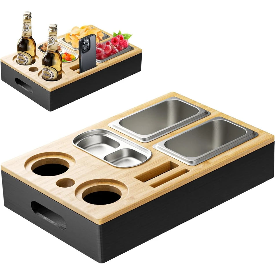 Cutie de Gustări pentru Canapea cu 3 Boluri din Oțel Inoxidabil și 2 Suporturi pentru Sticle