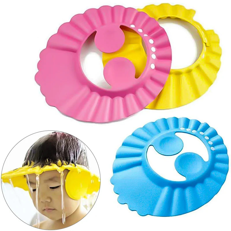 Kids Protection Shower Cap Solid Color Buckle Style Bathing Waterproof Ear Protection Adjustable Baby Hair Wash Hat Head Cover