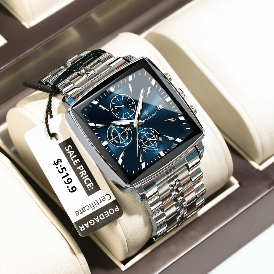 Orologio quadrato in acciaio inossidabile per uomini, impermeabile, cronografo luminoso
