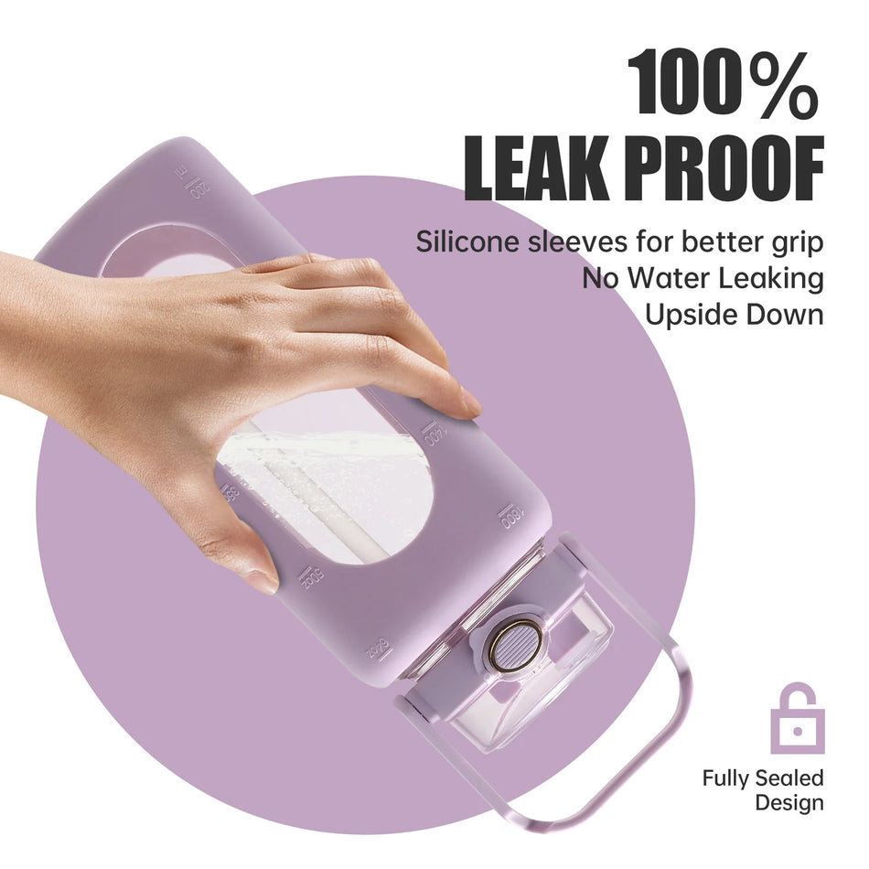 Botella de Agua de Vidrio de 64oz con Funda de Silicona, Pajilla y Cepillo