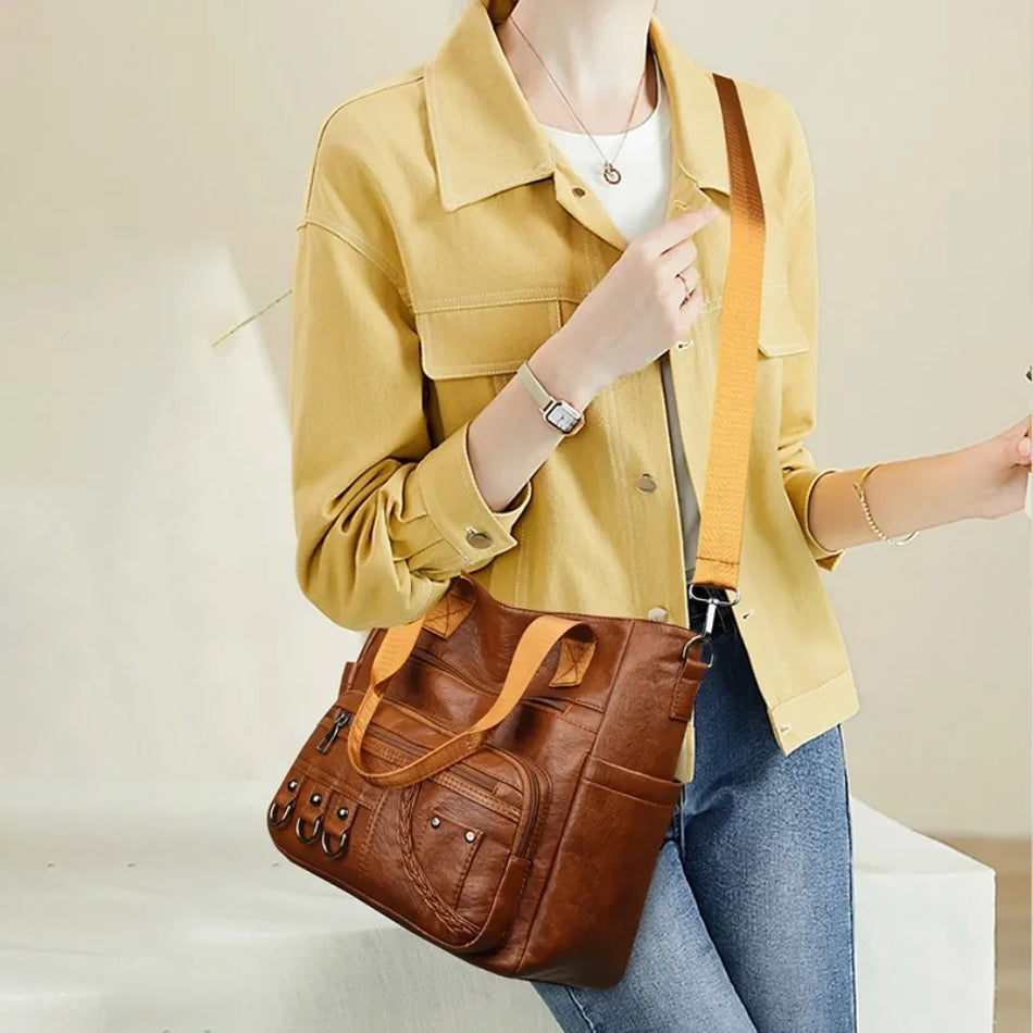 Vintage Soft Leather Women's Shoulder Bag, Large-Capacity Tote, Luxury Designer Purse