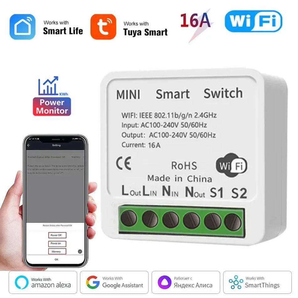 16A Tuya WiFi Smart Switch 2-way Control with Power Monitor Switch Mini Smart Breaker Smart Life Control Alexa Via Google Home