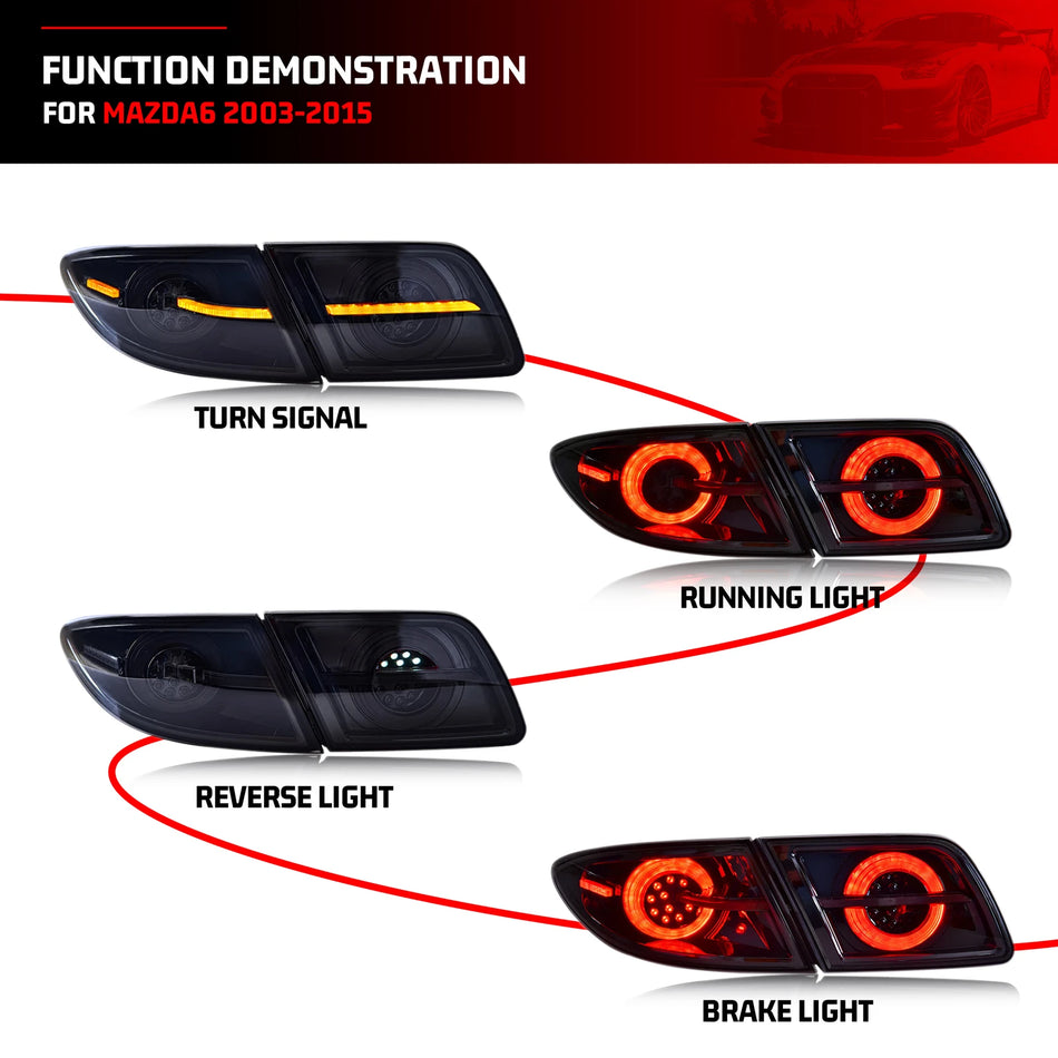 Mazda 6 LED zadnje luči 2003-2008 sekvenčni smernik, črn ABS