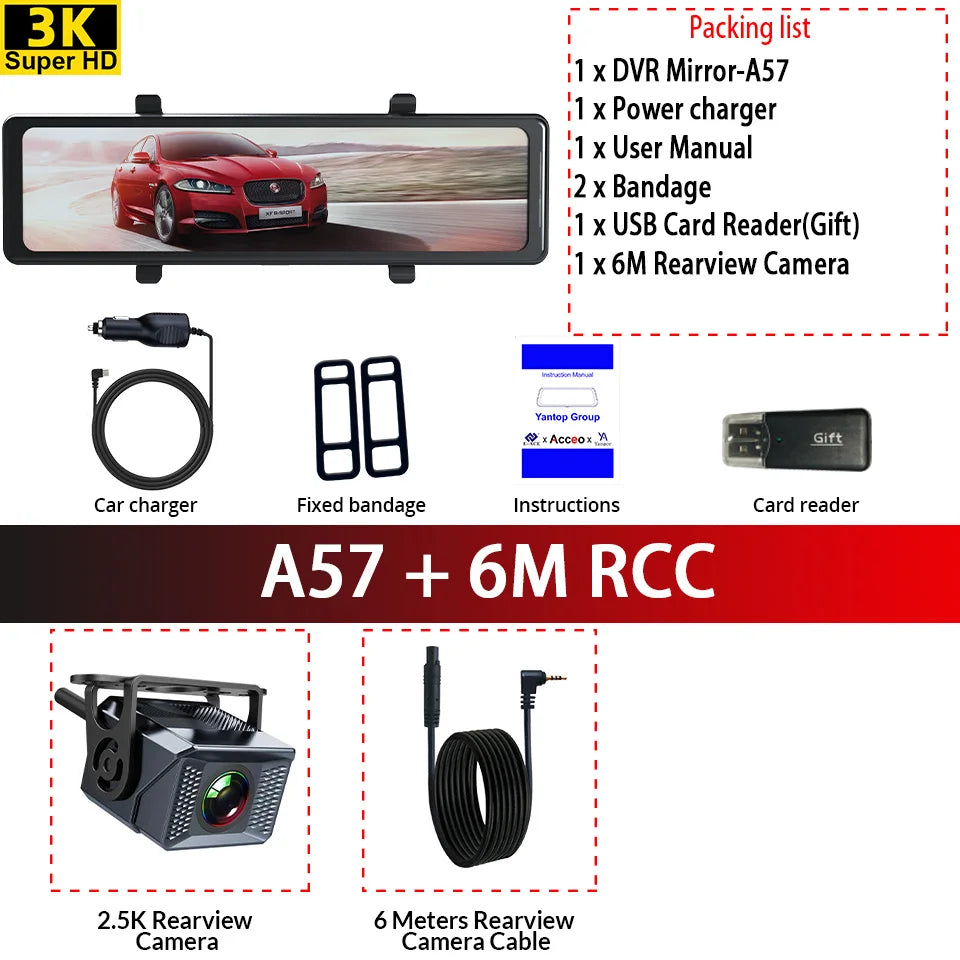 Acceo Car DVR 3K Rear View Mirror - 2.5K Dual Lens GPS DVR-6M RCC / 128G