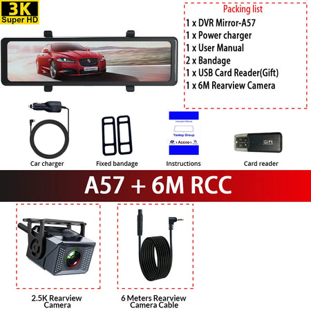 Acceo Car DVR 3K Rear View Mirror - 2.5K Dual Lens GPS DVR-6M RCC / 128G
