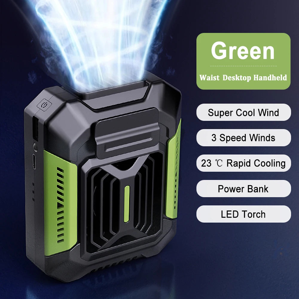 Portable Waist Clip Fan Hanging Neck Fan &ndash; USB Rechargeable Green