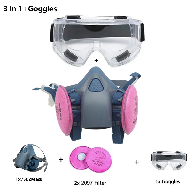 7502 Silicone Respirator Gas Mask Set &ndash; Goggles Included 3in1-Clear Goggles