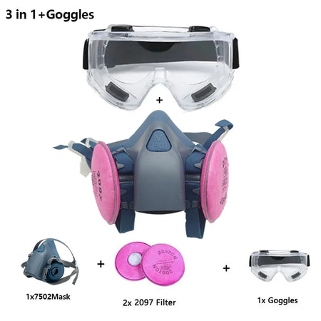 7502 Silicone Respirator Gas Mask Set &ndash; Goggles Included 3in1-Clear Goggles