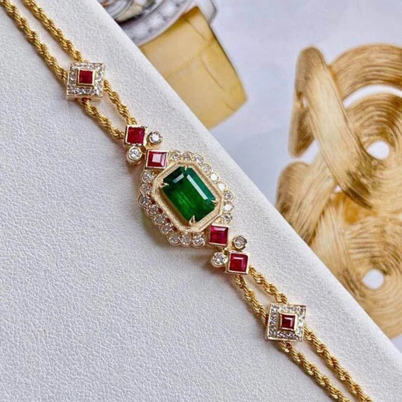 Geometric Synthetic Emerald Gemstone Bracelet for Women