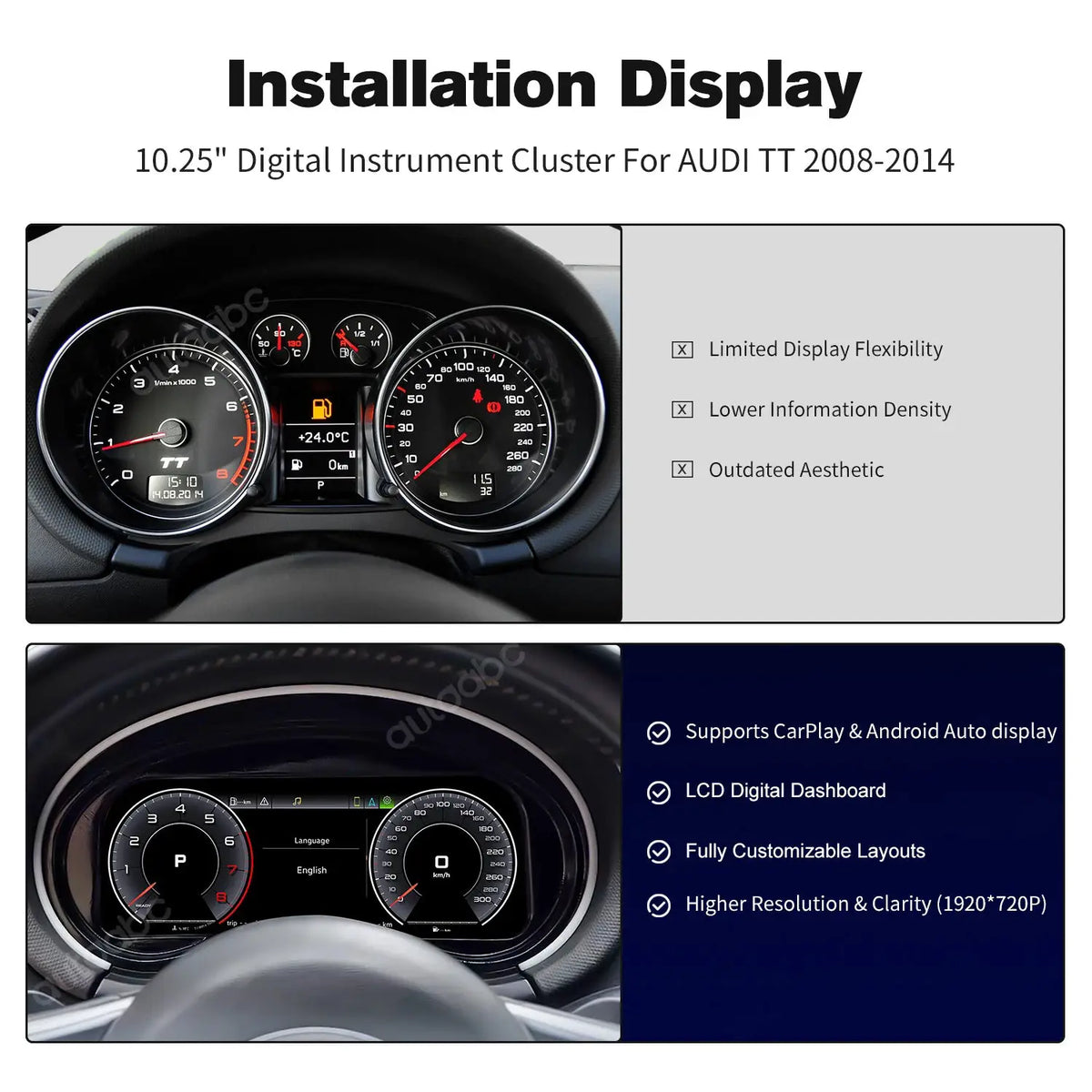 AUTOABC 10.25' LCD Digital Dashboard Cluster Wireless CarPlay Android Auto FOR AUDI TT 2008-2014 year Screen mirroring function by InterCyprus Trading Ltd