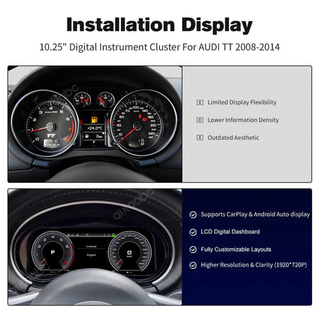 AUTOABC 10.25' LCD Digital Dashboard Cluster Wireless CarPlay Android Auto FOR AUDI TT 2008-2014 year Screen mirroring function by InterCyprus Trading Ltd