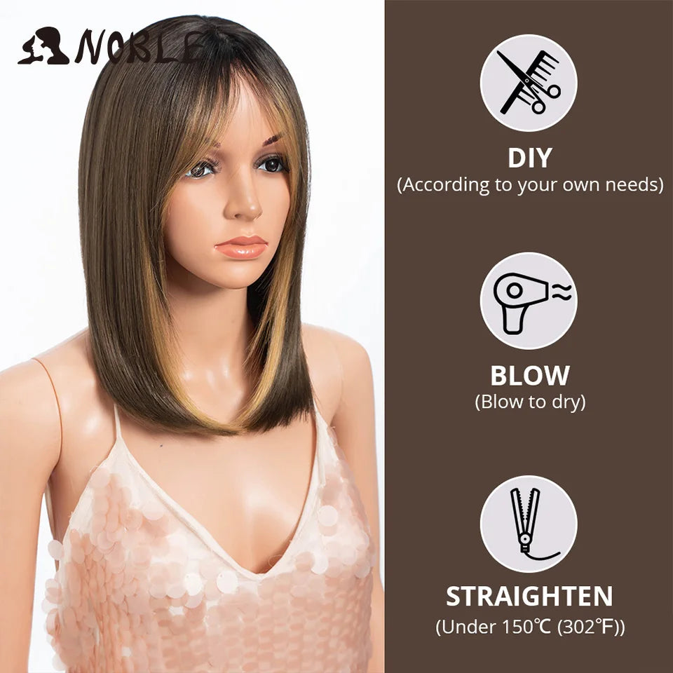 Noble Bob Wig - Silky Straight 16 Inch Synthetic Wig with Bangs for Cosplay and Daily Wear