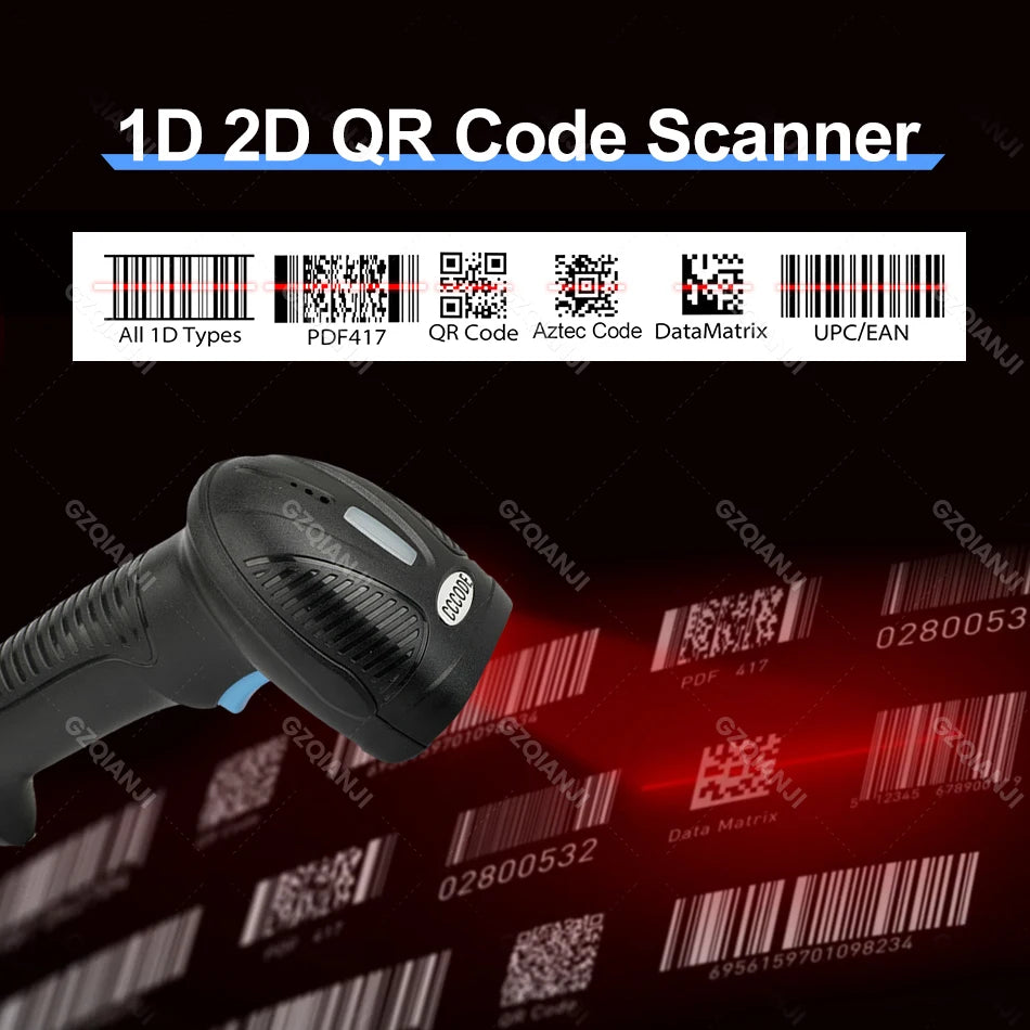 Ročni 1D 2D QR čitalnik črtnih kod, brezžični 2.4G Bluetooth, PDF417 DM koda