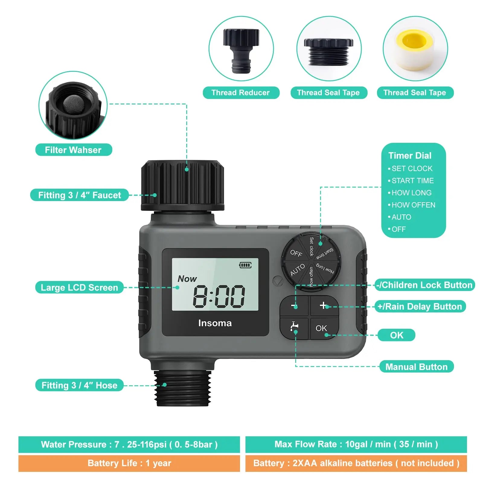 Insoma Intelligent Automatic Water Timer with IPX7 Waterproof Design