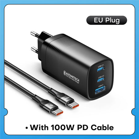 ASOMETECH 67W GaN Fast Charging Charger &ndash; High-Speed Power Delivery Black EU With Cable