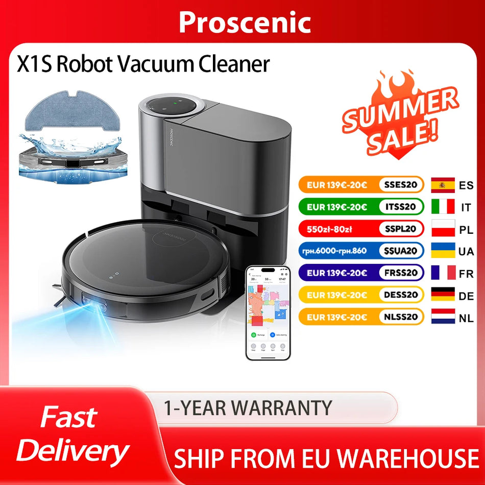 Proscenic X1S Robotický vysavač s ovládáním aplikací a hlasem, 3000Pa sací výkon, samočistící, 180 minut provozu, 2.5L prachový sáček