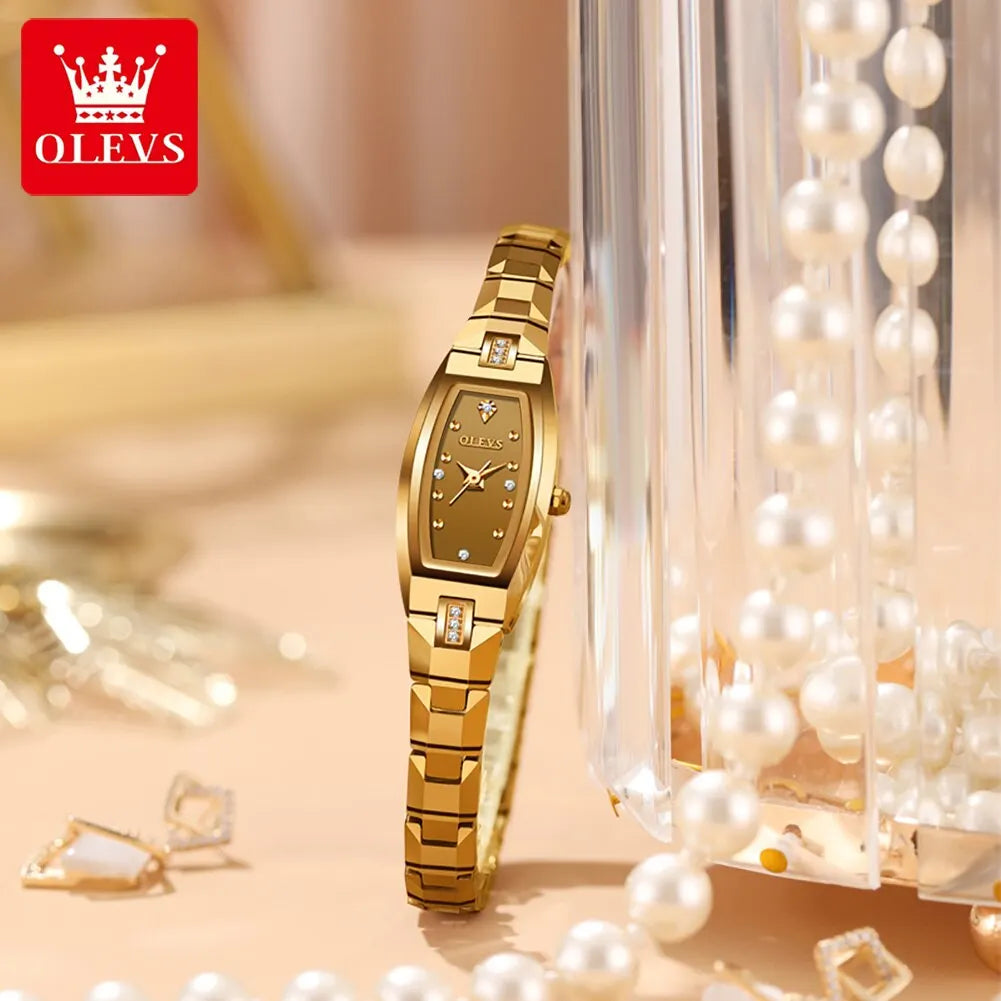 OLEVS Elegant Diamond Quartz Watch for Women with Tonneau Tungsten Steel Band