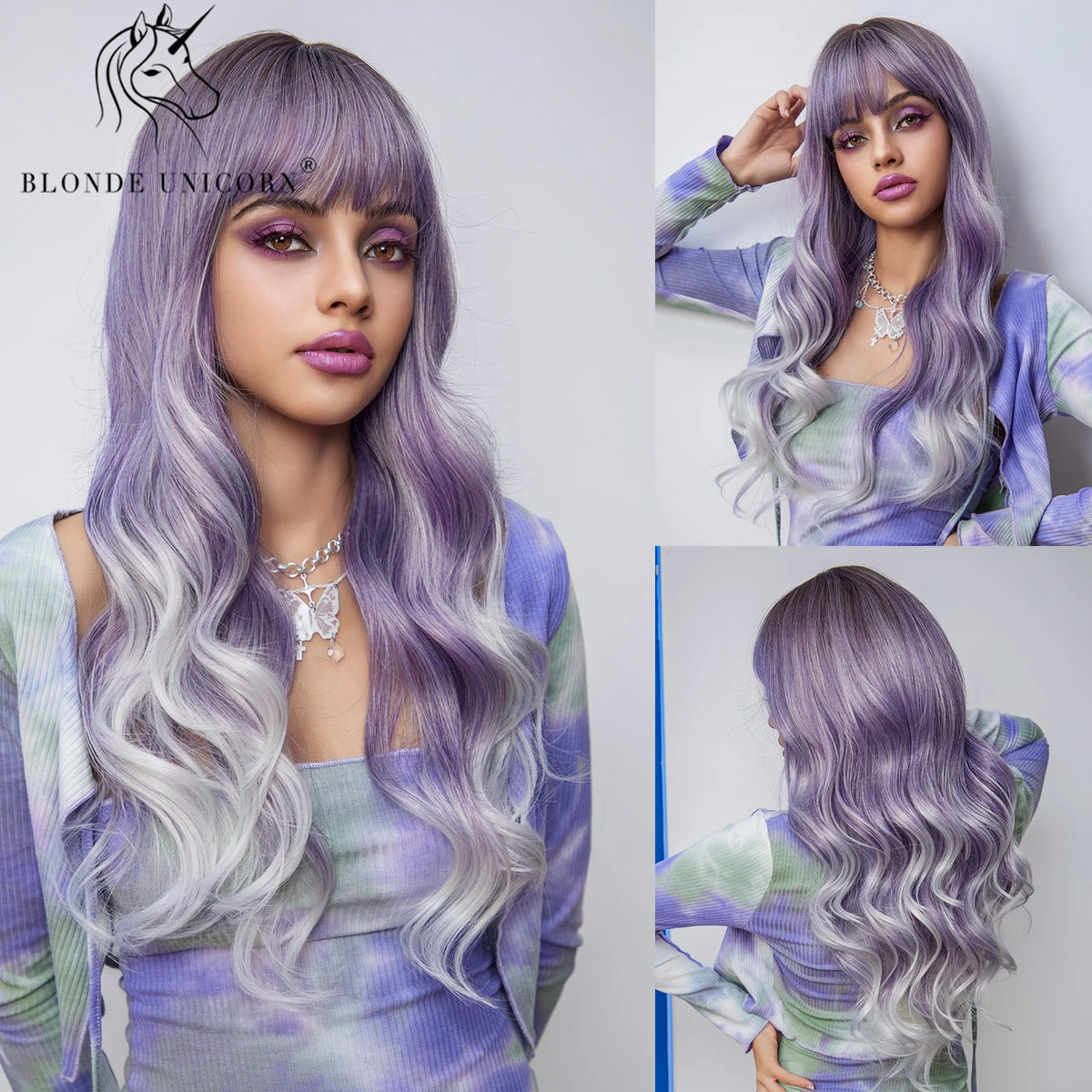 Blonde Unicorn Ombre Purple to Blue Long Wavy Wig for Women