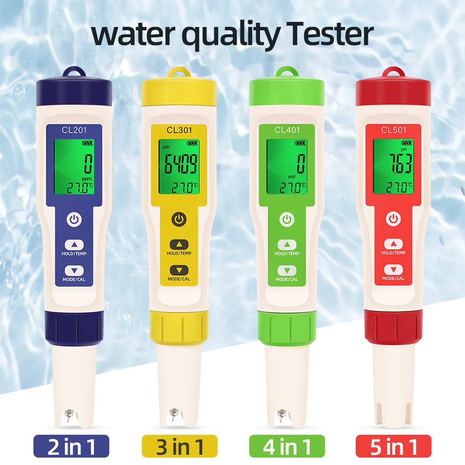 Stylo détecteur de qualité de l'eau 5-en-1 pour piscine, spa, chlore, pH, ORP, température