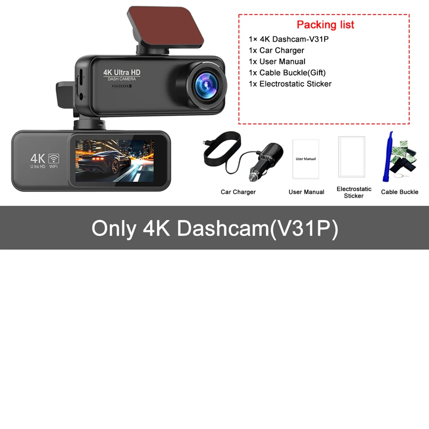 Kocam 4K Dash Cam Front and Rear &ndash; Dual Channel Night Vision Recording Only 4K Dashcam-V31P / 64G