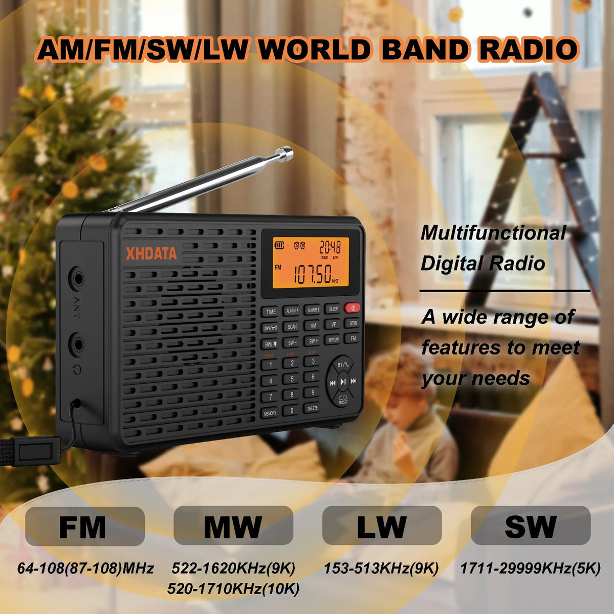 XHDATA D-109 Portable Bluetooth Radio with AM, SW, MW, FM Support