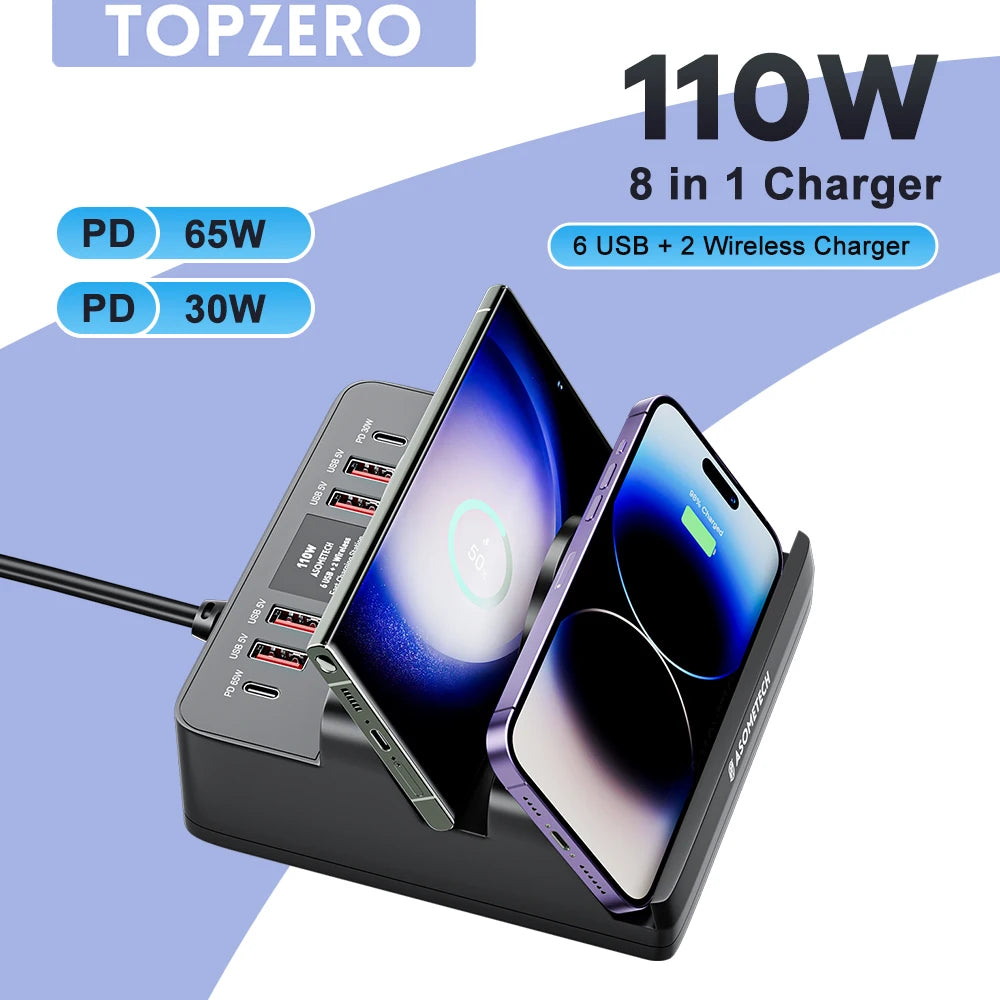 ASOMETECH 110W 6 Port USB Charger Station &ndash; Dual Fast Wireless Charging