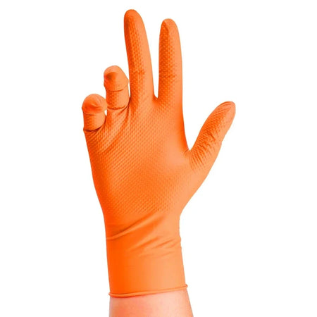 Heavy Duty Orange Nitrile Gloves 8Mil &ndash; Diamond Textured Grip for Mechanic Safety