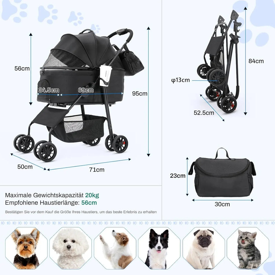 Καρότσι για κατοικίδια με 4 τροχούς για σκύλους και γάτες έως 30kg αναδιπλούμενο