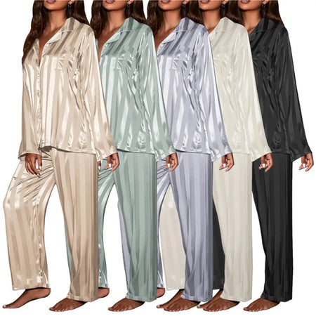 Women's Summer Striped Pajama Set - Silk Satin Long Sleeve Top &amp; Trousers
