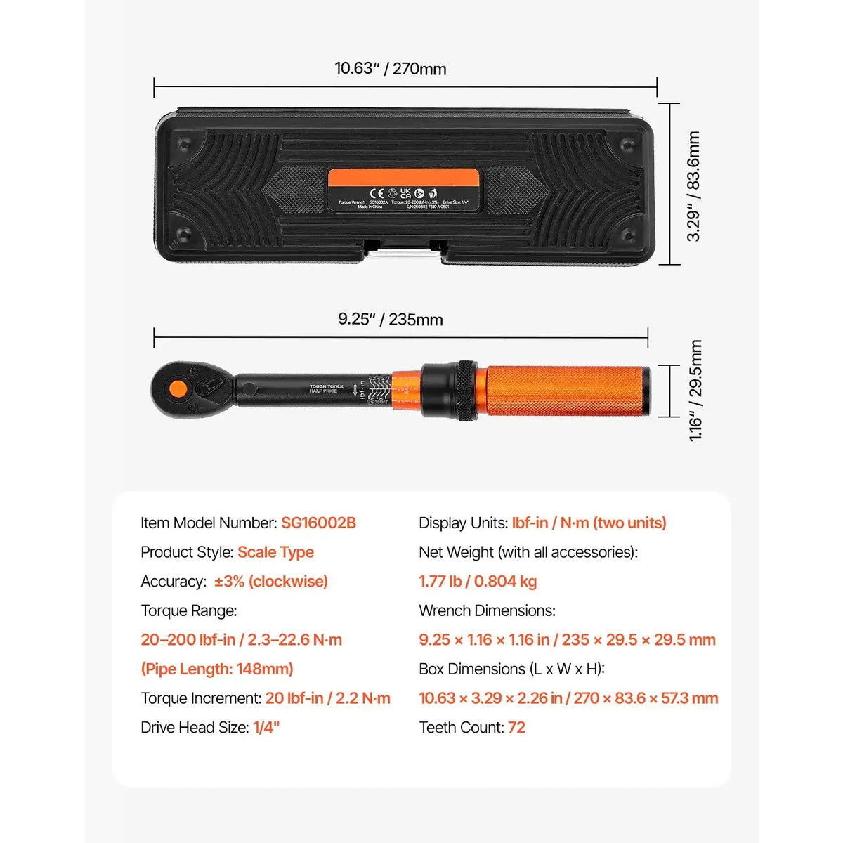 Torque Wrench Set &ndash; Dual Direction Adjustable 20-200 In-Lb Set / United States