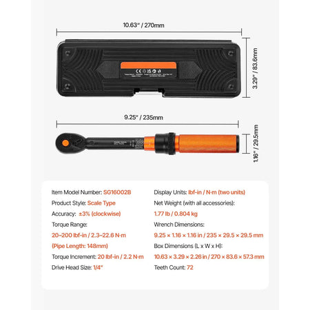 Torque Wrench Set &ndash; Dual Direction Adjustable 20-200 In-Lb Set / United States