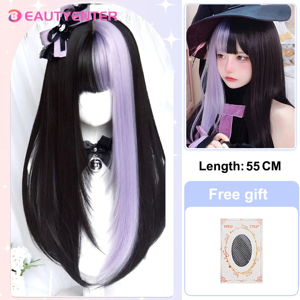 BeautyEnter Pink Long Straight Wig with Bangs for Cosplay and Daily Use Red