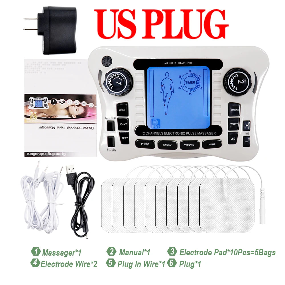 12-Mode EMS Muscle Stimulator and Pain Relief TENS Machine US Plug