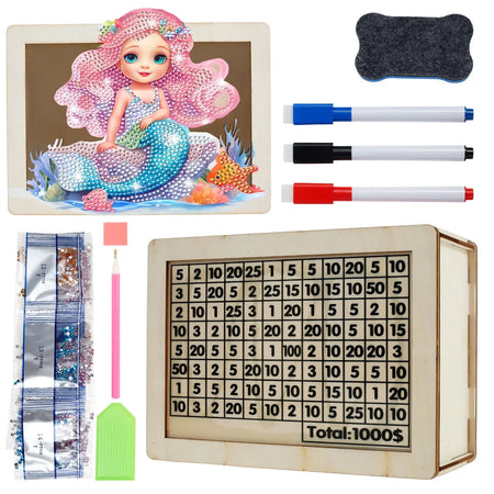 DIY Mermaid/Unicorn Wooden Piggy Bank with Diamond Painting &amp; Savings Goals Mermaid 1000